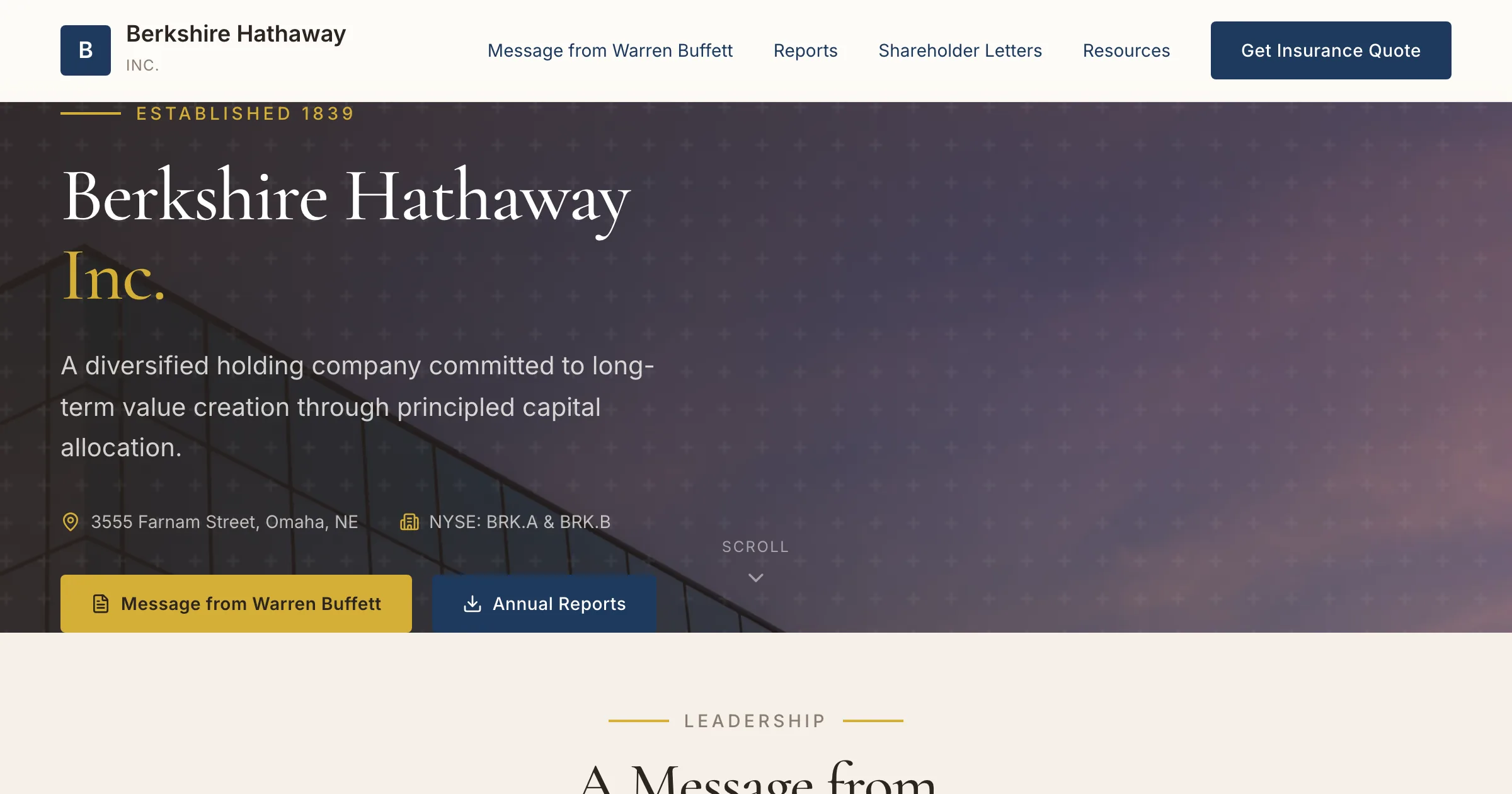 AI-generated modern redesign of Berkshire Hathaway — created by Revamp in approximately 2 minutes