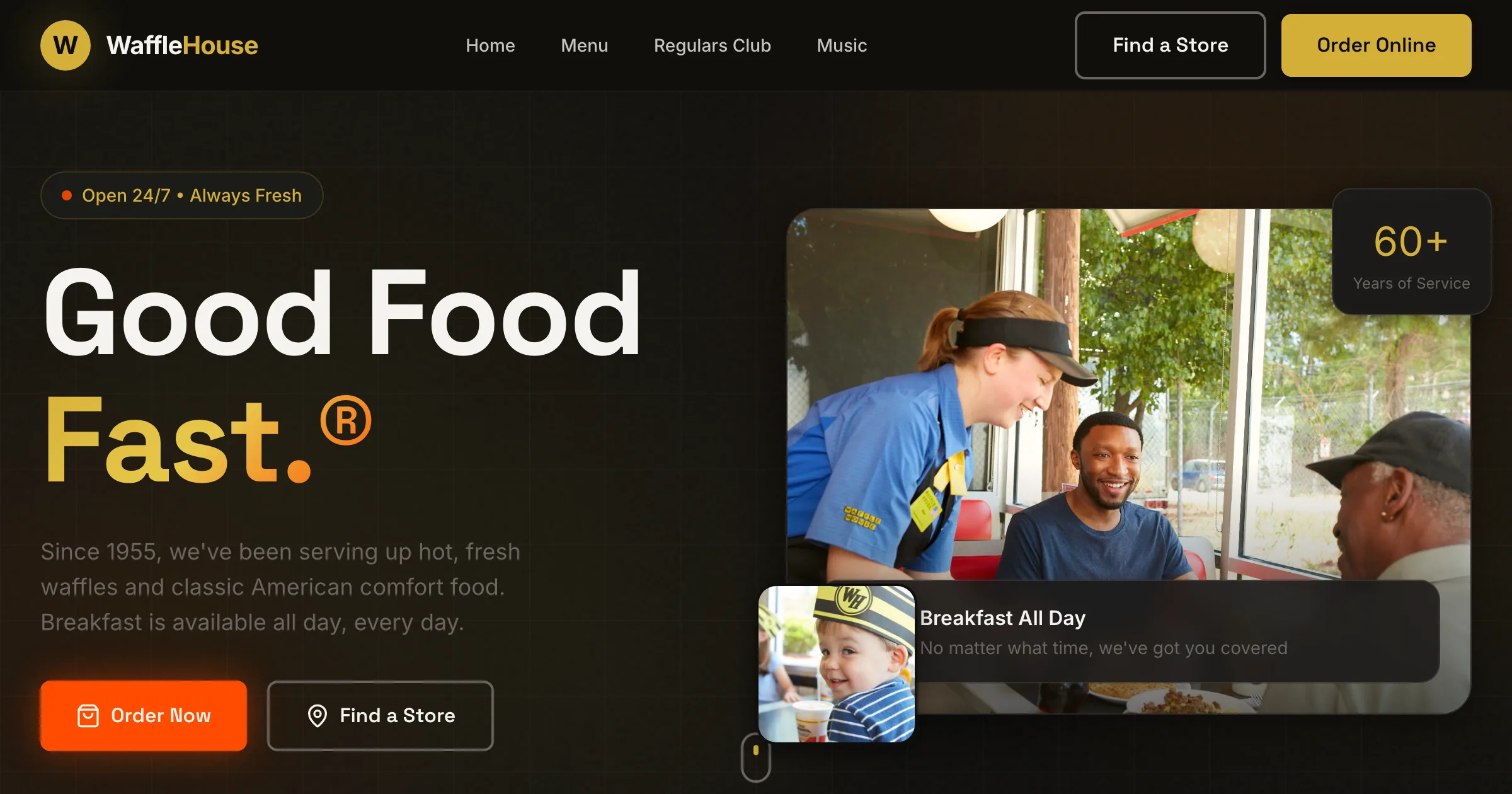 Waffle House revamp redesign — AI-generated modern redesign of the 2,000+ location US restaurant chain, produced by Revamp in approximately 2 minutes